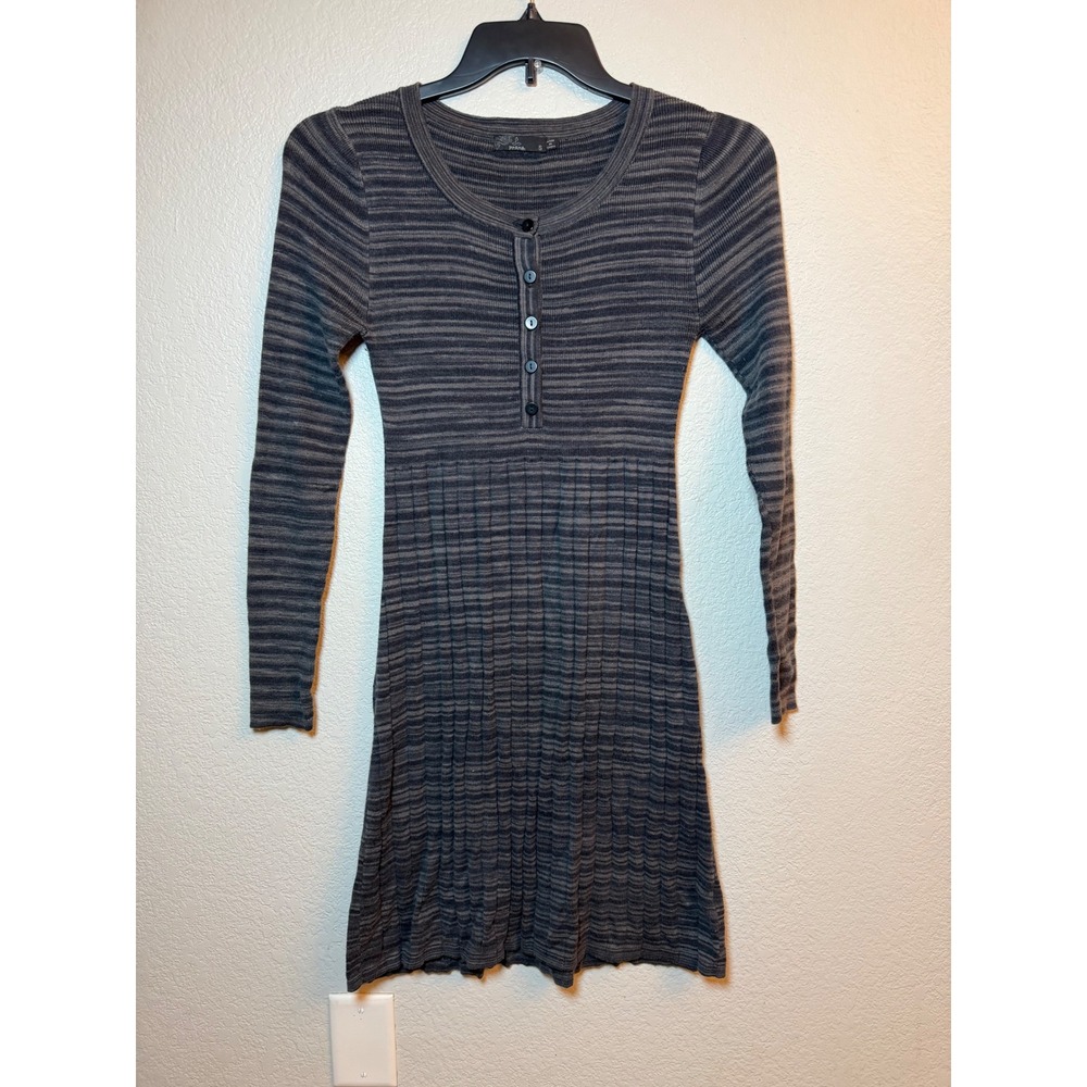 Prana Gray Striped Long Sleeve Henley Ribbed Knit Sweater Dress Small